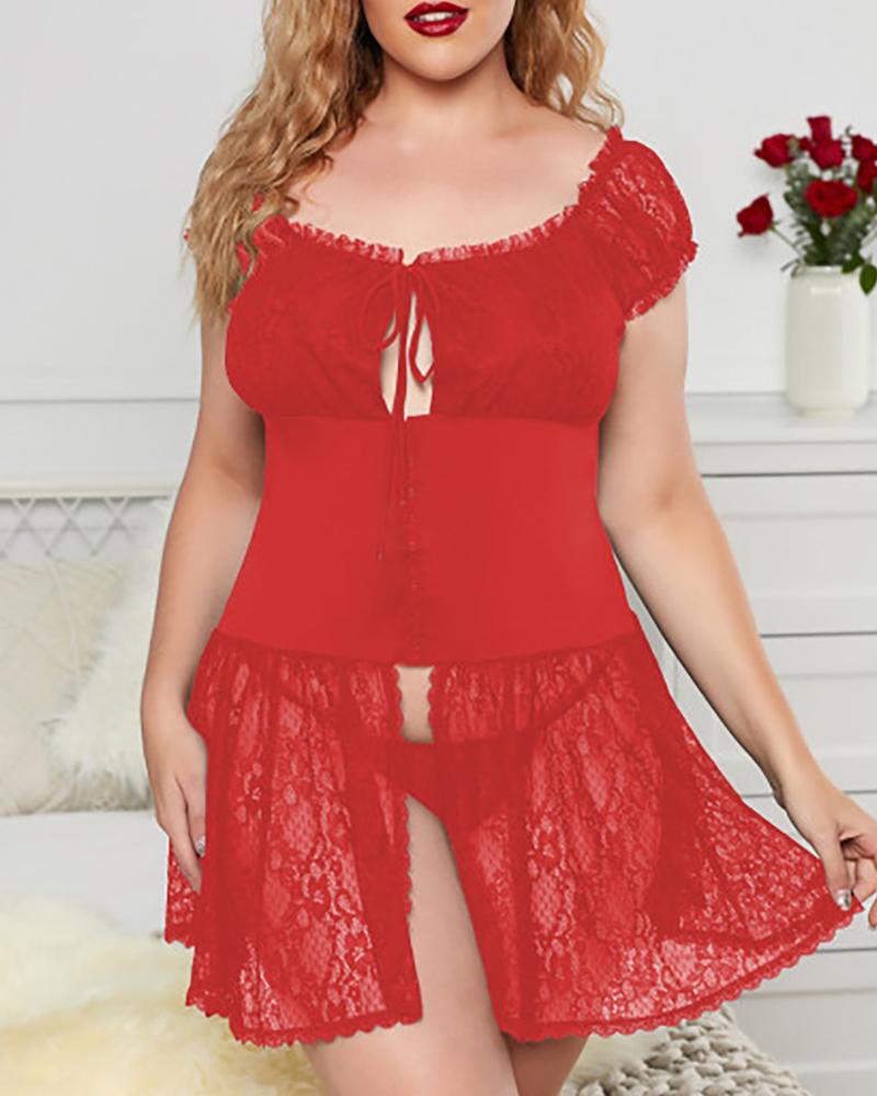 

Plus Size Tie Front Sheer Mesh Lace Babydoll With Thong, Red