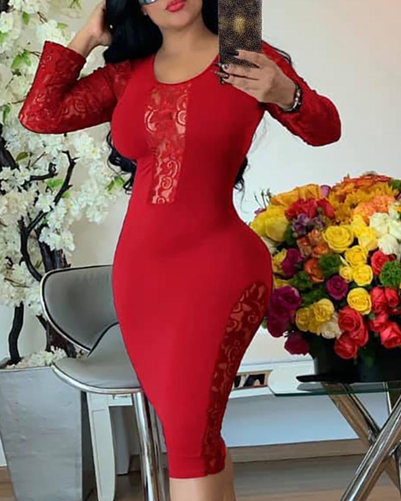 

Solid Round Neck Long Sleeve Lace Insert Bodycon Women Dress, Red