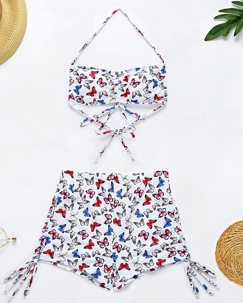 

Butterfly Print Halter Tie Side Bikini Set, White