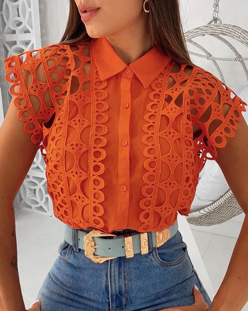 

Button Design Hollow-out Short Sleeve Shirt, Orange