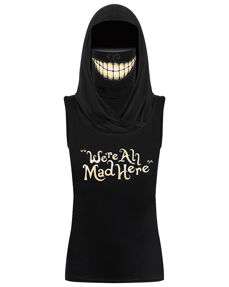 

Smile Graphic Hooded Tank Top With Ear Loop Face Bandana, Black