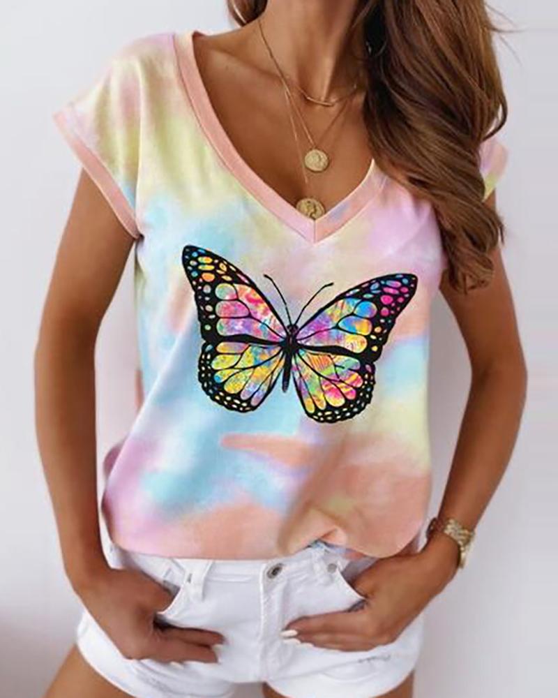 

Butterfly Tie Dye Print Short Sleeve Casual T-shirt, Pink