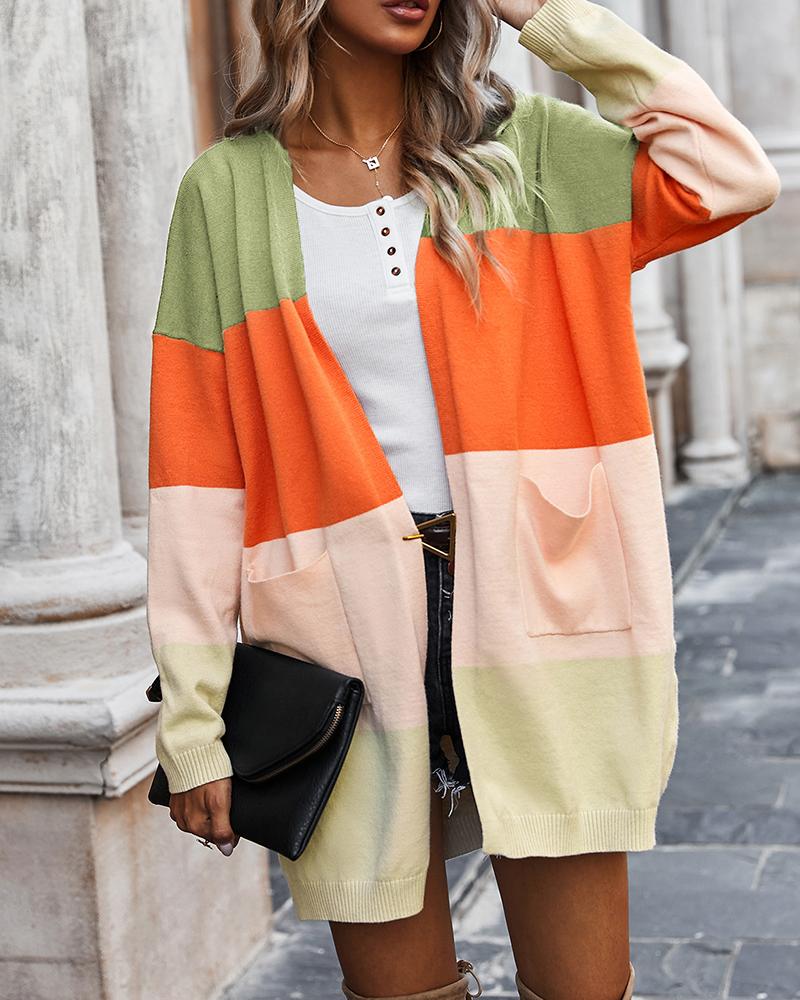 

Colorblock Pocket Design Long Sleeve Cardigan, Green