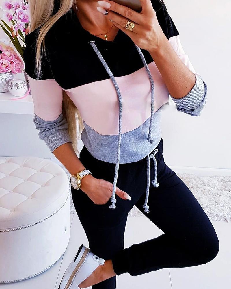 

Striped Colorblock Hooded Top & Drawstring Pants Set, Black