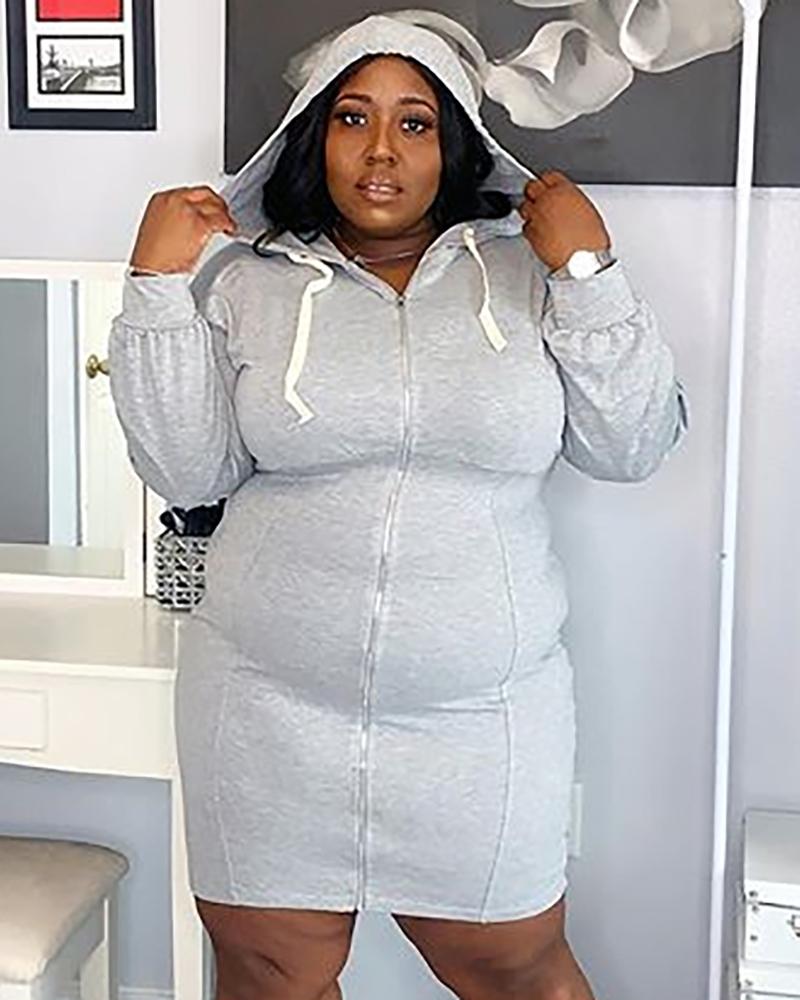 

Plus Size Zipper Design Hooded Sweatshirt Dress, Gray