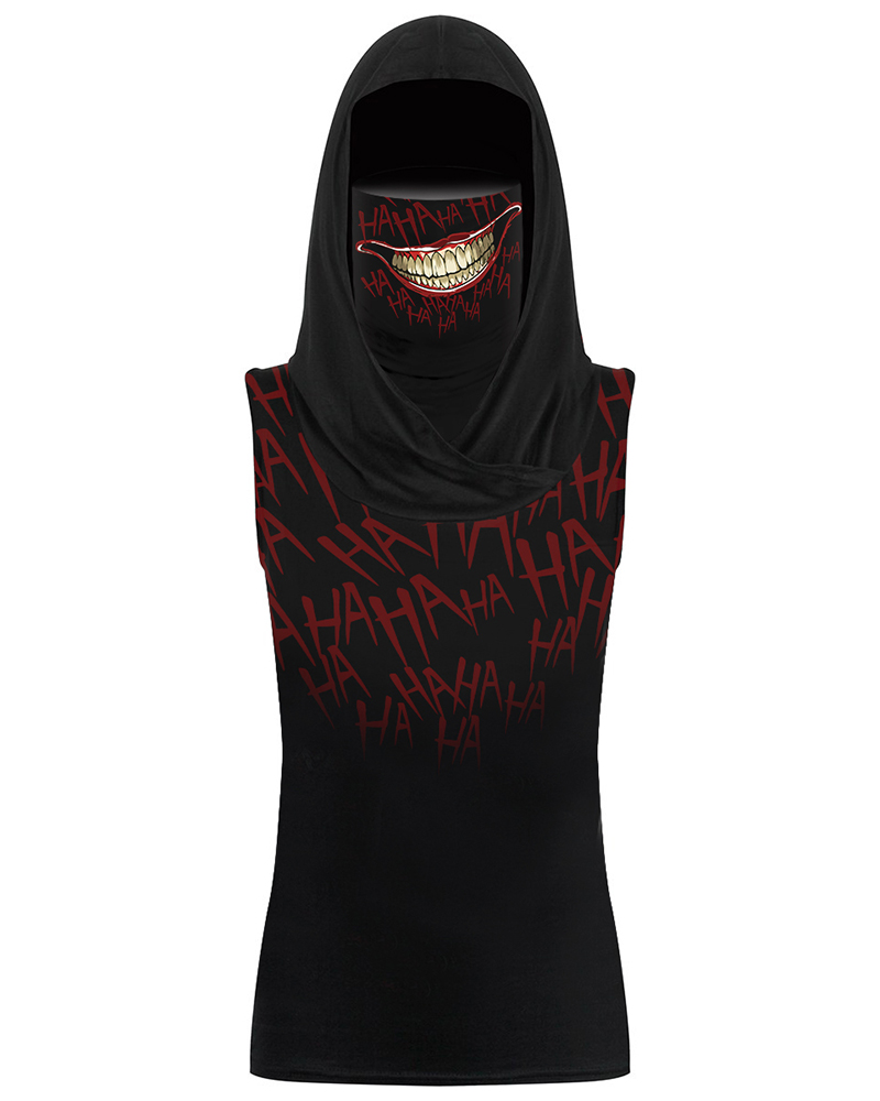 

Skull Print Hooded Tank Top With Ear Loop Face Bandana, Black