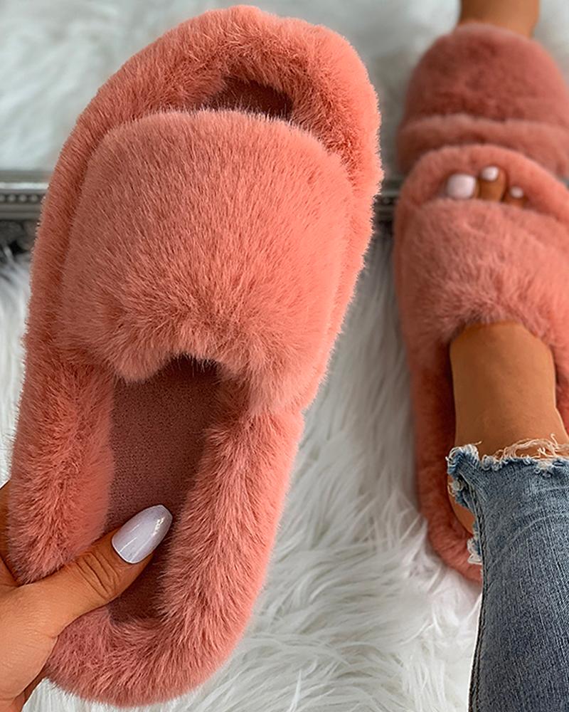 

Plain Peep Toe Fluffy Slippers, Orange