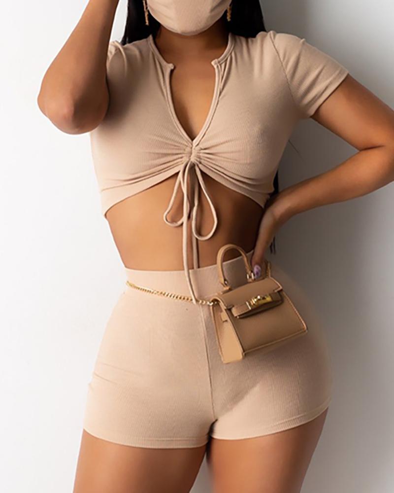 

Ruched Crop Top & High Waist Shorts Set, Apricot