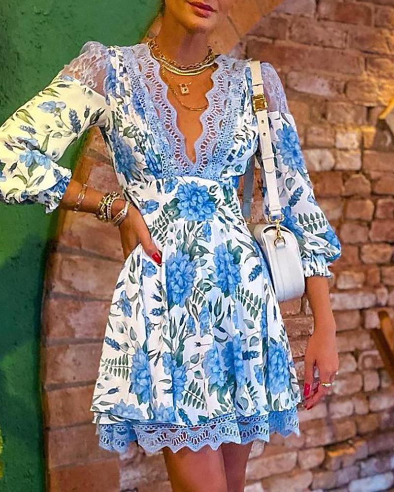 

Floral Print Lace Trim Long Sleeve Dress, Blue