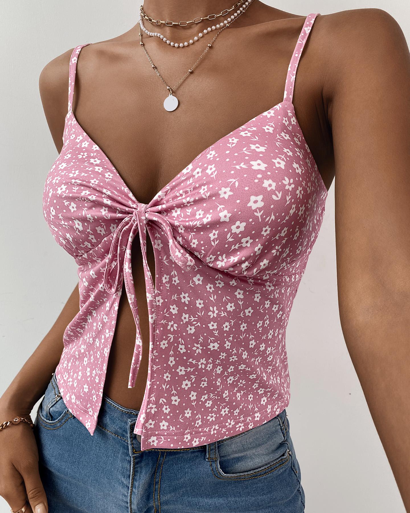 

Spaghetti Strap Ditsy Floral Print Crop Top, Pink