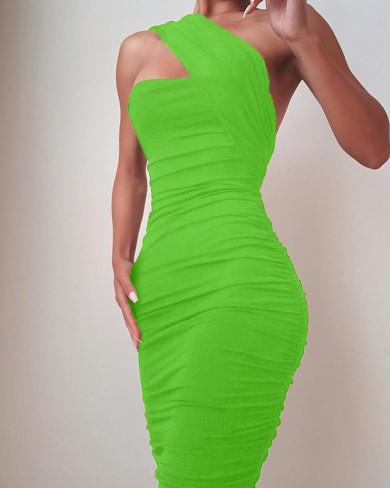 

One Shoulder Sleeveless Ruched Bodycon Dress, Green