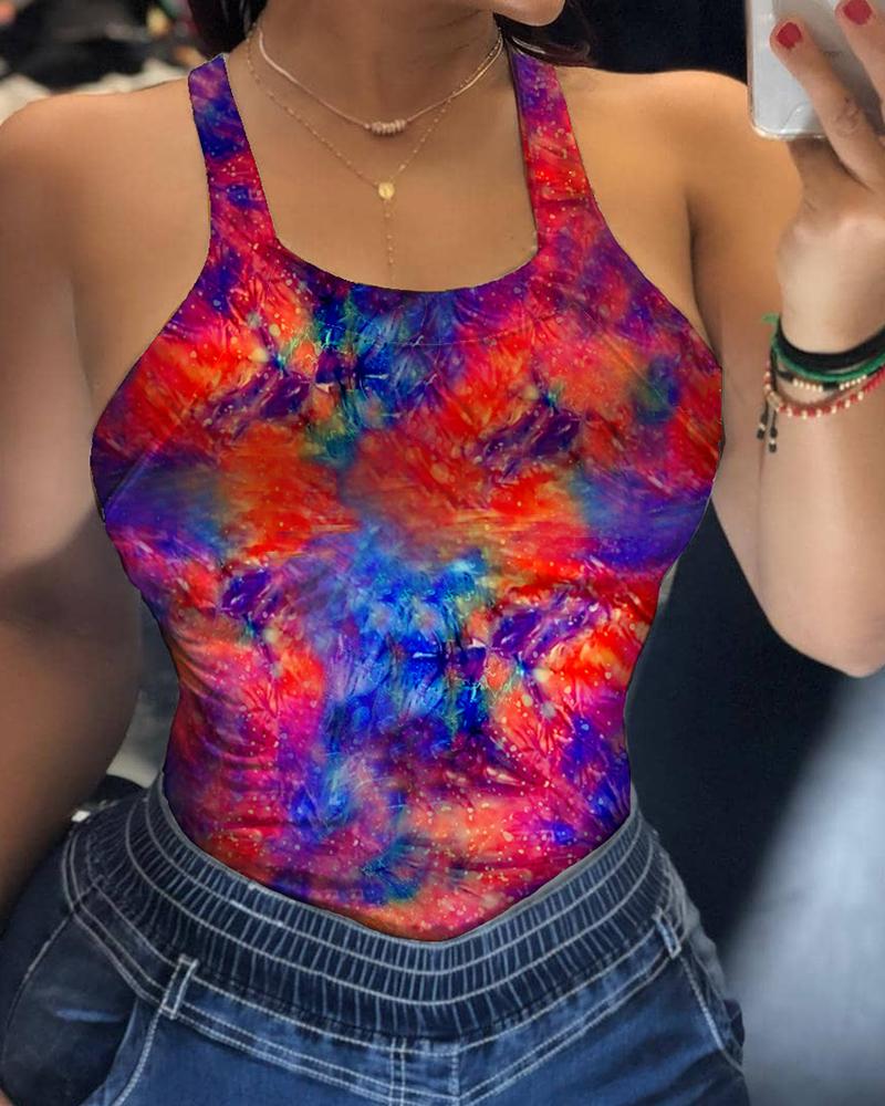 

Tie Dye Print Halter Strap Casual Women Top, Multicolor
