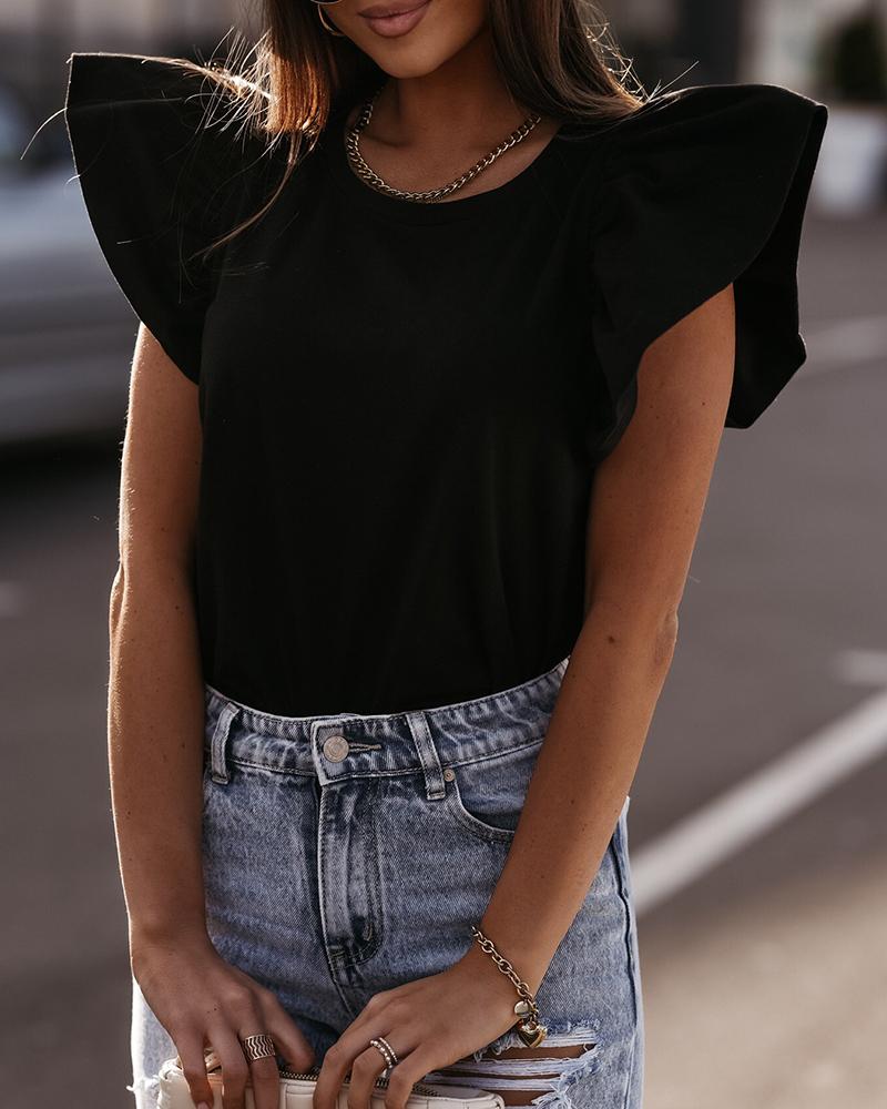 

Ruffles Hem Short Sleeve Plain Top, Black