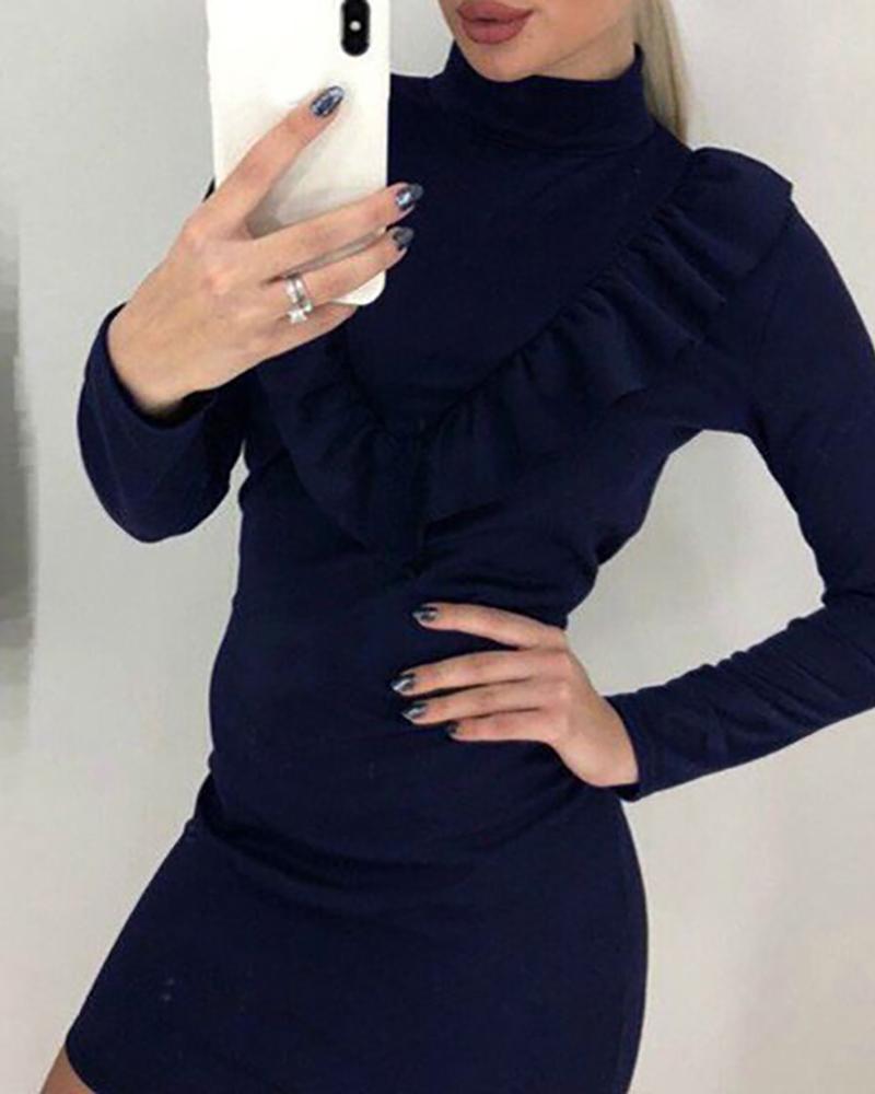 

Frill Hem Long Sleeve Casual Dress, Dark blue