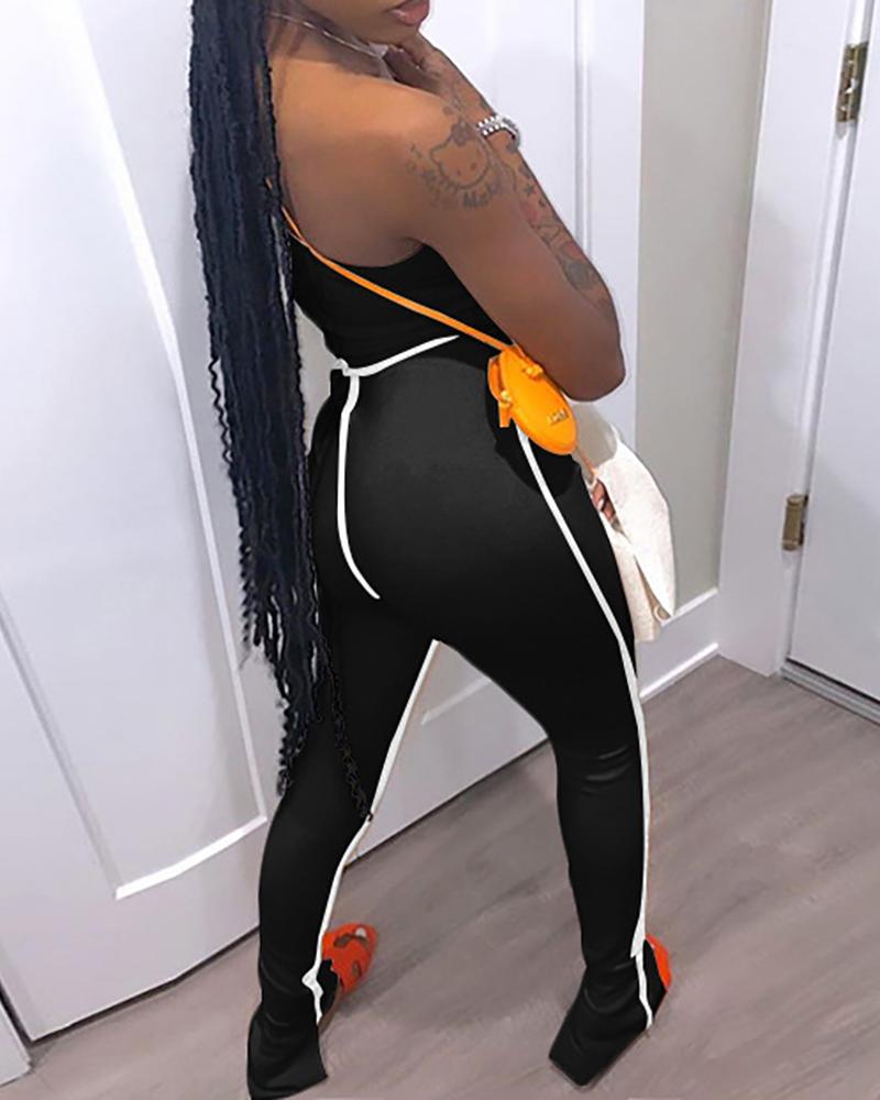 

Mock Neck Cutout Colorblock Women Top & Pants Set, Black