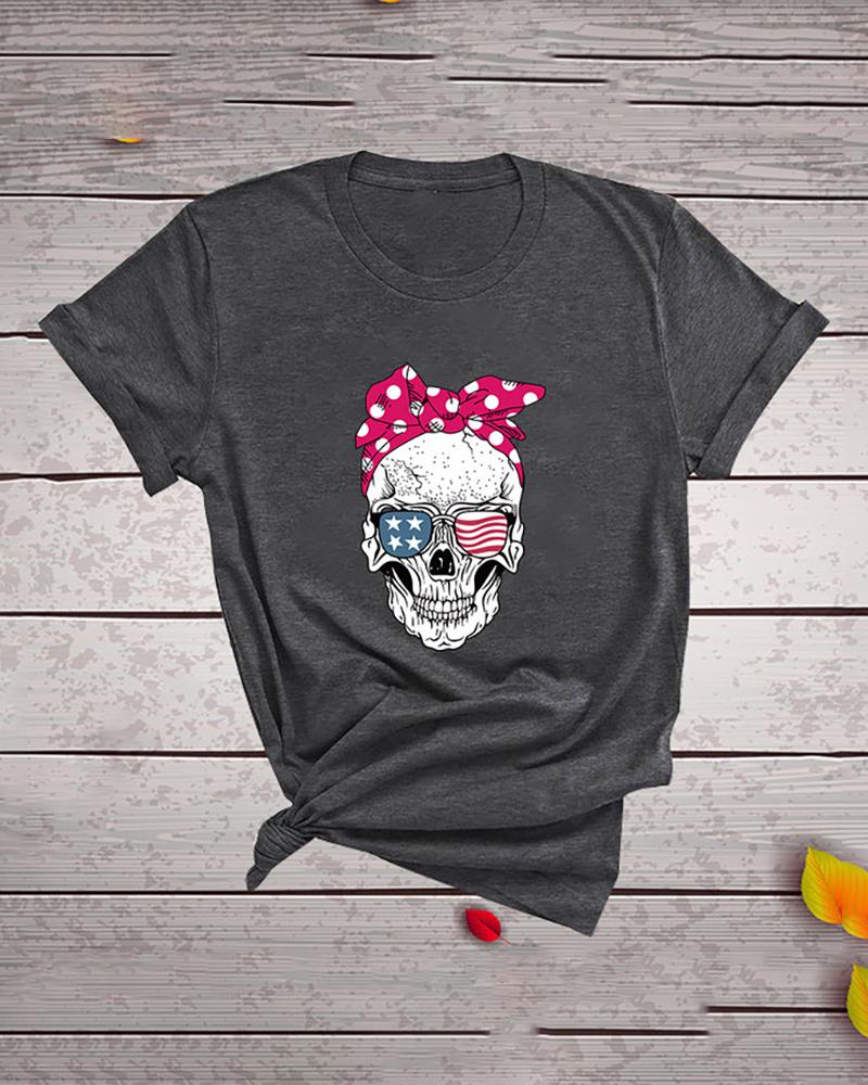 

Skull Star Print Striped Shot Sleeve Casual T-shirt, Dark grey