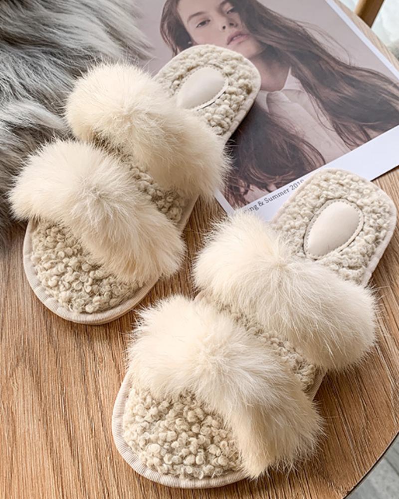 

Open Toe Plain Fluffy Slippers, Beige