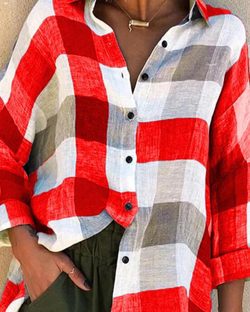 

Colorblock Grid Long Sleeve Shirt, Red