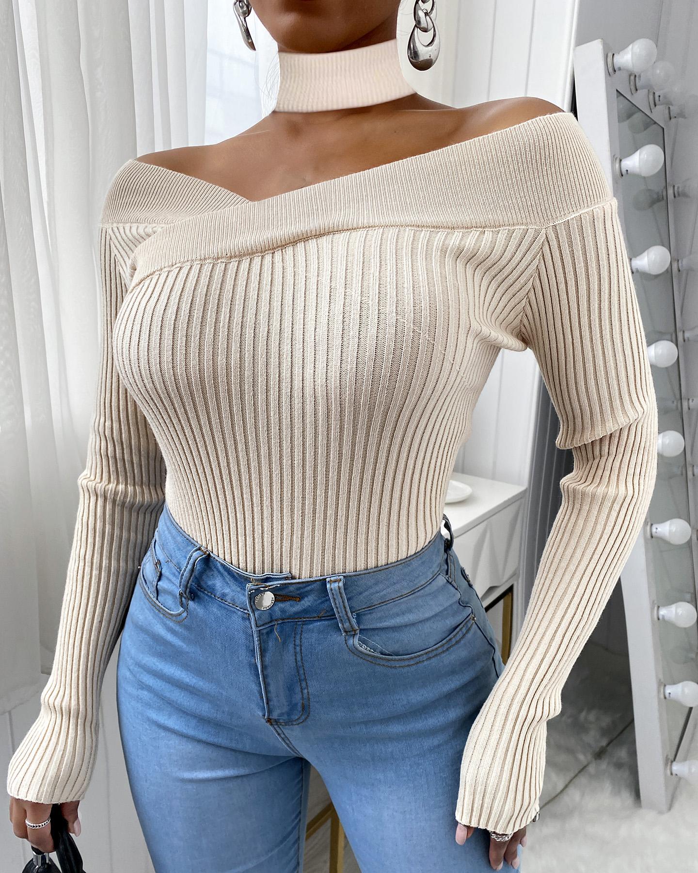 

Plain Long Sleeve Knit Sweater, Apricot