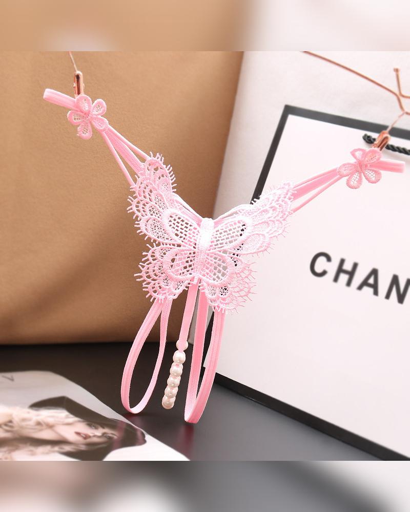 

Solid Lace Patchwork Skinny T-string Panties, Pink