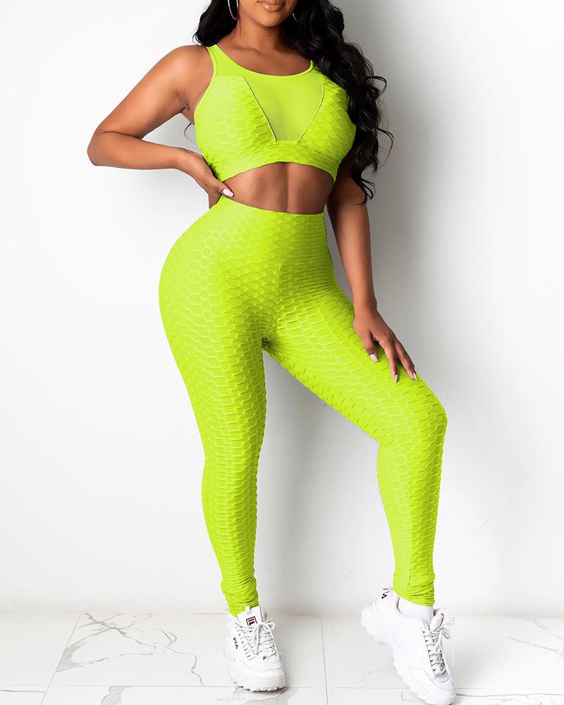 

Plain Thick Strap Crop Tank & High Waist Active Pants Set, Green