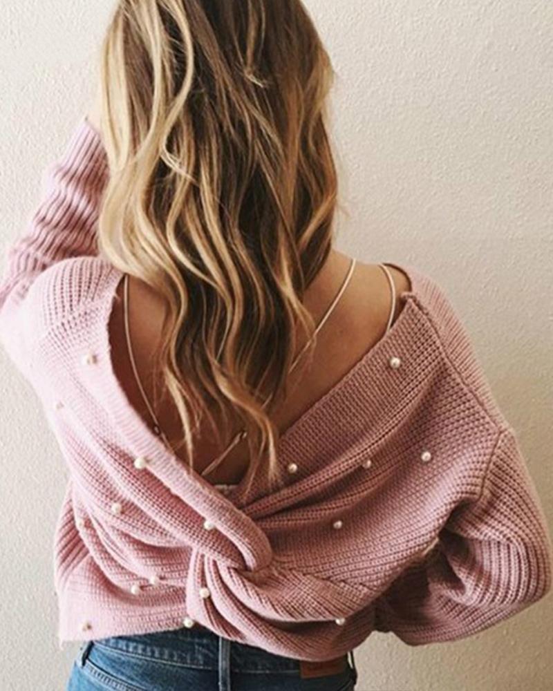

Fashion V-neck Backless Pearl Sweater, Pink