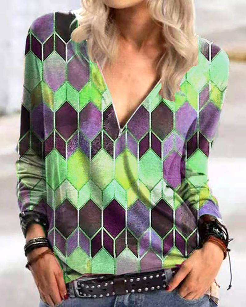 

Zipper Design Abstract Print Long Sleeve Top, Green