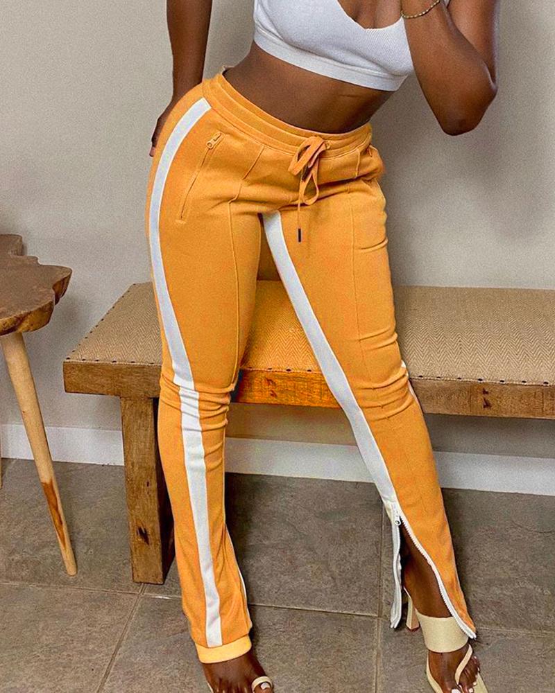 

Colorblock Zipper Design Drawstring Pants, Orange