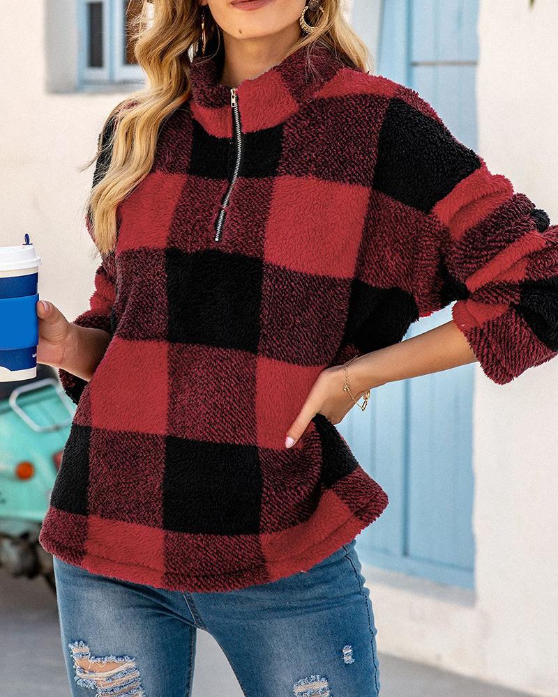 

Plaid Zipper Design Teddy Top, Wine red