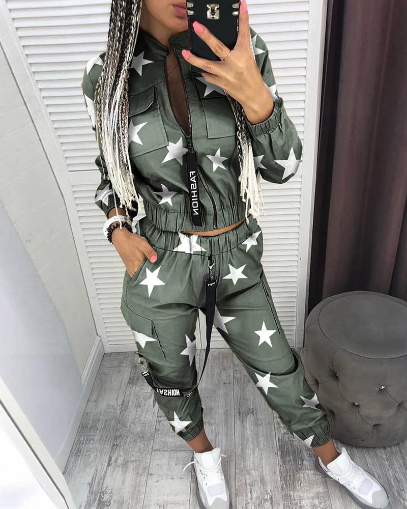 

Star Print Zip Pocket Design Coat & Cargo Pants Sets, Army green