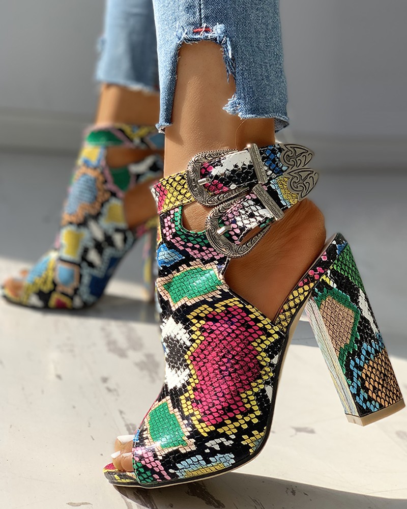 snakeskin chunky heels
