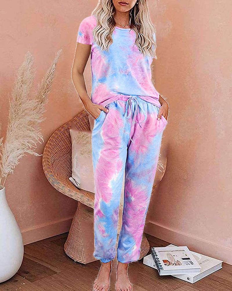 

Tie Dye Short Sleeve Loose T-shirt With Pants Suit Sets, Style4