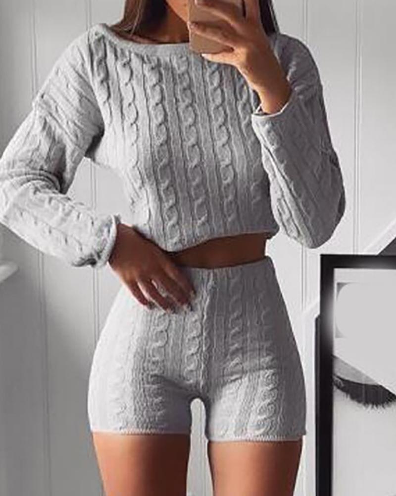 

Knit Braided Crop Top & High Waist Shorts Set, Gray
