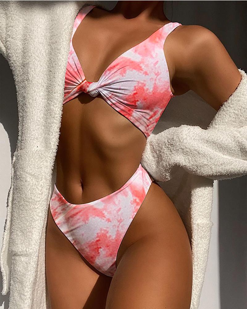 

Tie Dye Print Knotted Design Skinny Sexy Bikini Set, Pink