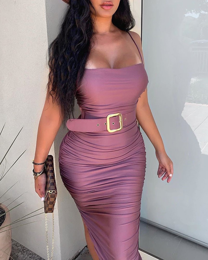 spaghetti strap ruched bodycon dress