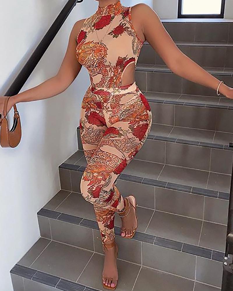 

All Over Print Cutout Design Top & Pants, Khaki