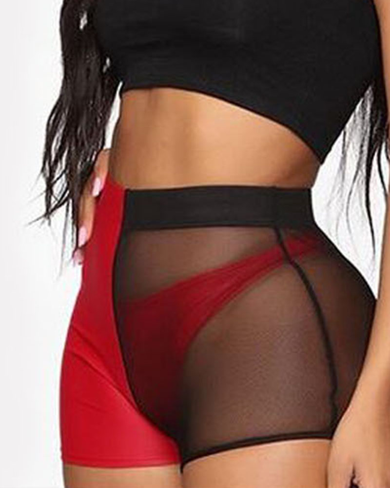 

High Waist Sheer Mesh Skinny Shorts, Red