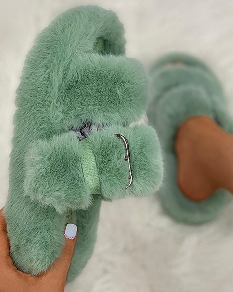 

Plain Buckled Fluffy Slippers, Green