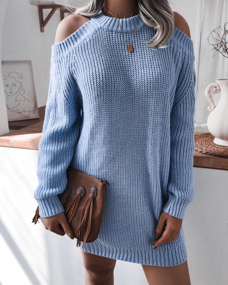

Cold Shoulder Knit Long Sleeve Sweater Dress, Blue