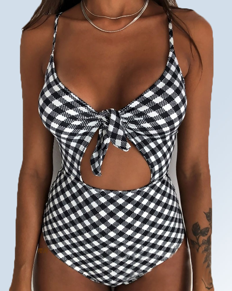 

Print Tied Lace-Up Back One Piece Swimsuit, Gray