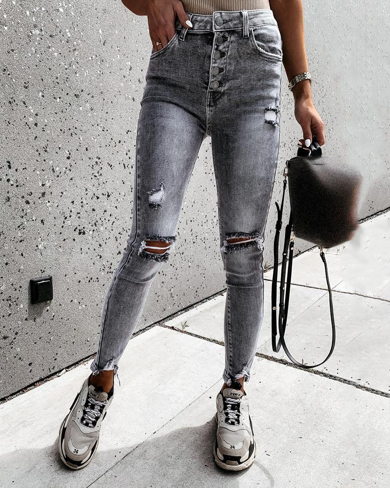 

Cutout Ripped Button Design Casual Jeans, Gray