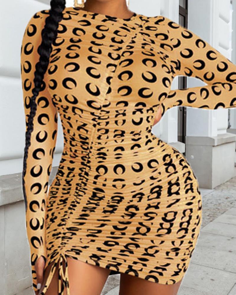 

All Over Print Long Sleeve Bodycon Dress, Yellow