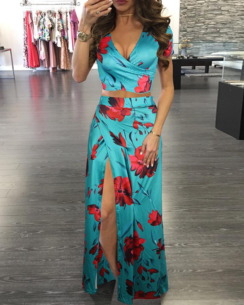 

2 Piece Set Floral High Slit Dress, Blue