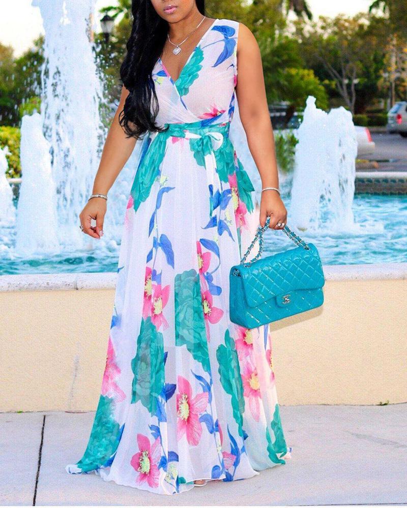 

Floral Printed Wrap Tie Waist Maxi Dress, Blue
