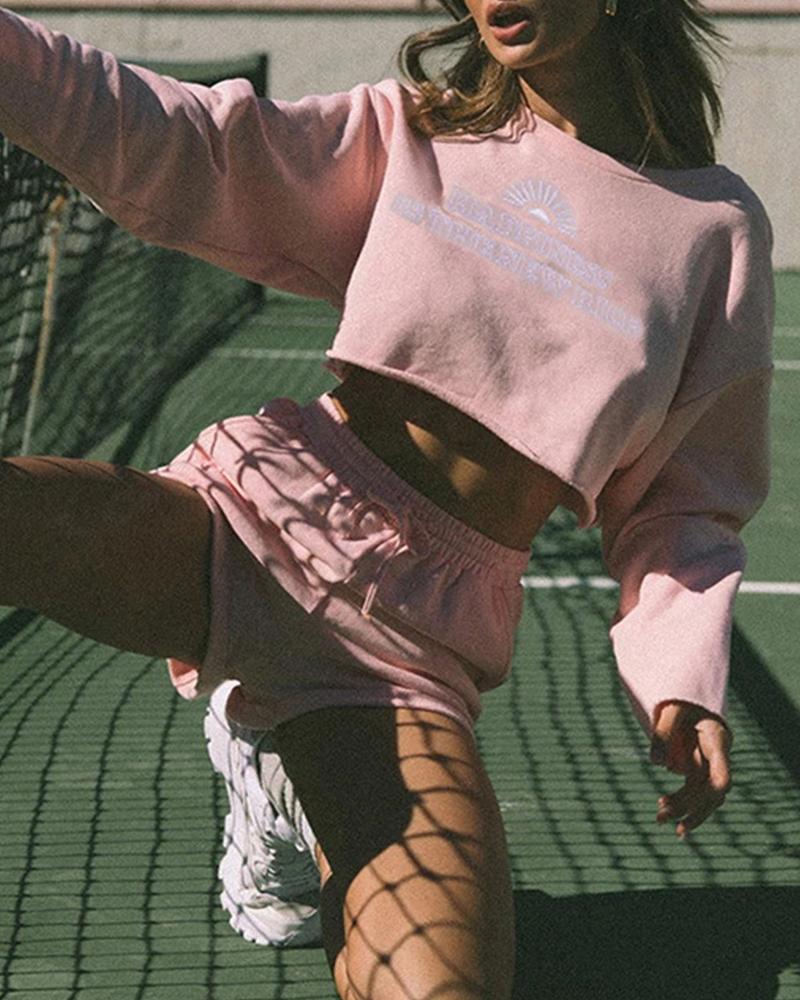 

Solid Embroidery Long Sleeve Loose Cropped Sweatshirts Suit Sets, Pink