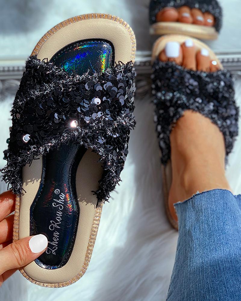 

Sequins Fringe Hem Flat Sandals, Black