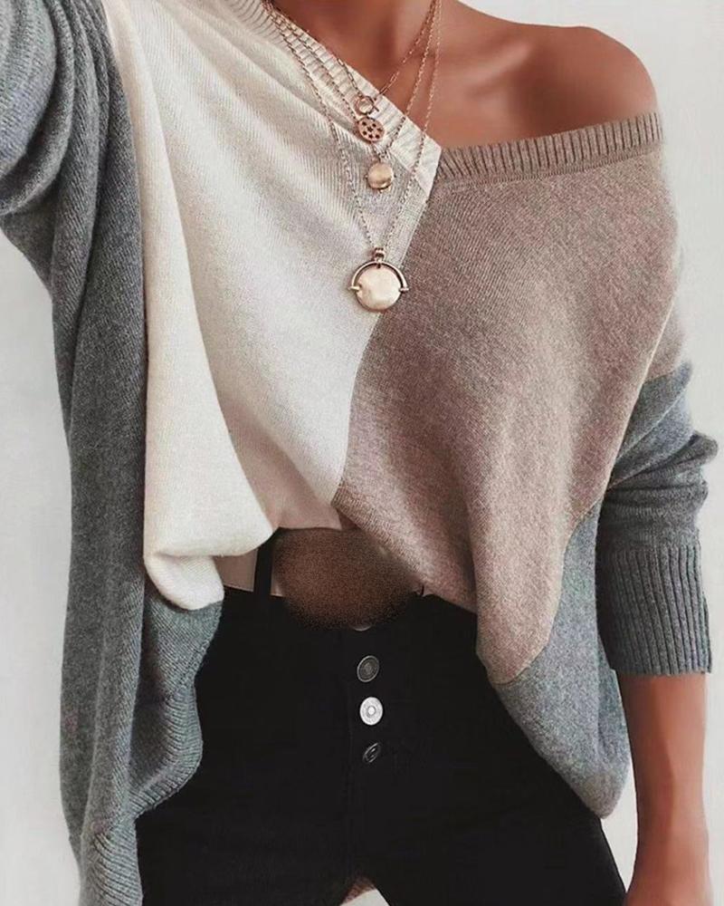

Colorblock Long Sleeve Knit Casual Sweater, Coffee