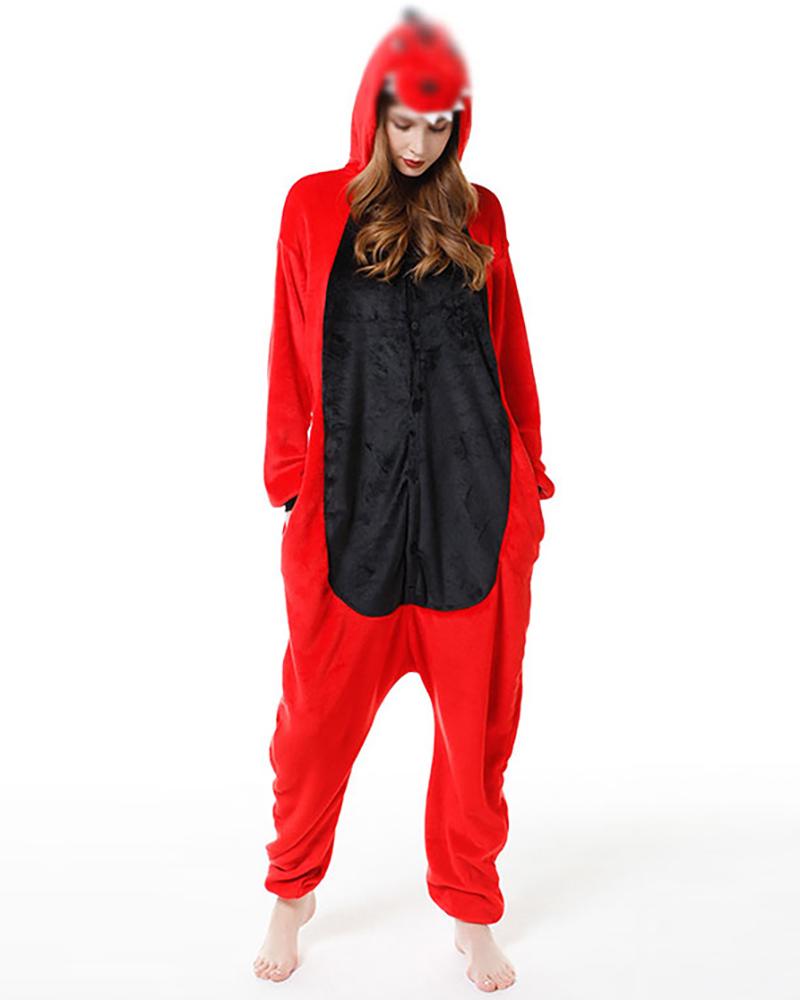

Cartoon Pattern Hooded Onesie Pajamas, Red