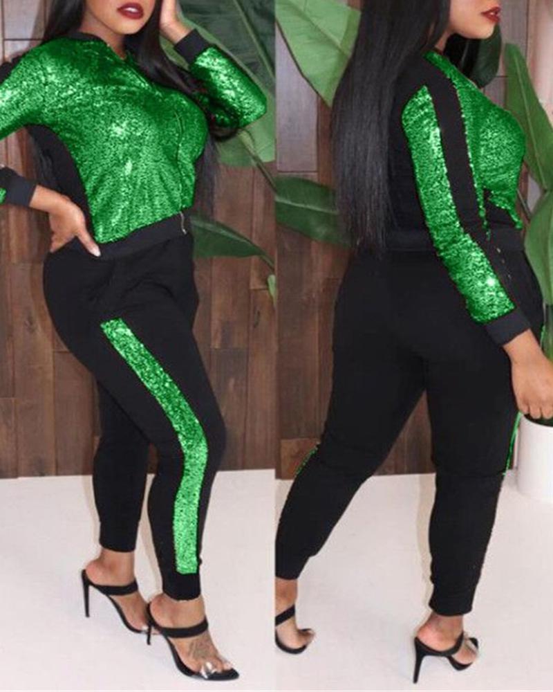 

Sequins Zipper Design Striped Tape Top & Fitted Pants Set, Green