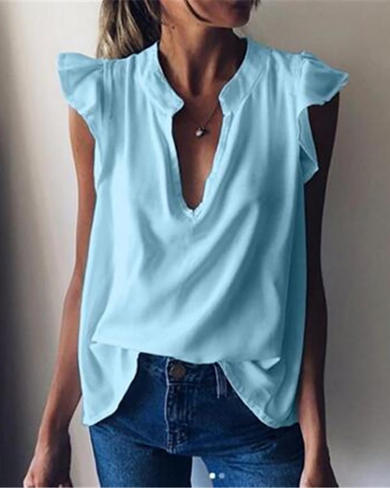 

Deep-V Ruffles Sleeve Solid Women Top, Blue